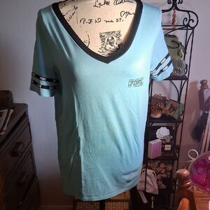PINK Victoria's Secret Aqua V-Neck Tee with Striped Sleeves Size Medium